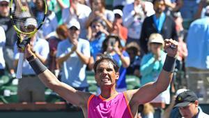 Mar 13, 2019; Indian Wells, CA, USA; Rafael Nadal (ESP) celebrates after defeating Filip Krajinovic (not pictured)  in his fourth round match in the BNP Paribas Open at the Indian Wells Tennis Garden. Mandatory Credit: Jayne Kamin-Oncea-USA TODAY Sports