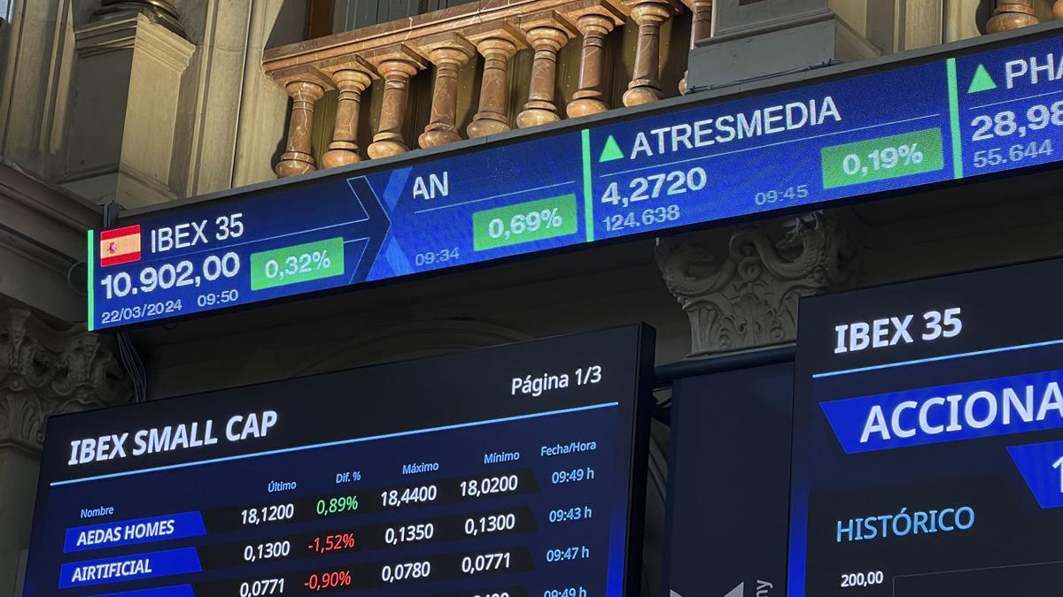 El panel central de la Bolsa de Madrid muestra un Ibex 35 alcista poco después de la apertura de la sesión de este viernes.