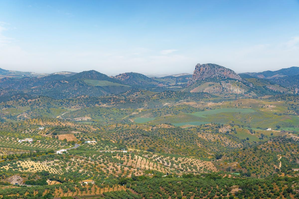 El entorno de la Vía Verde de la Sierra con el Peñón de Zaframagón de fondo