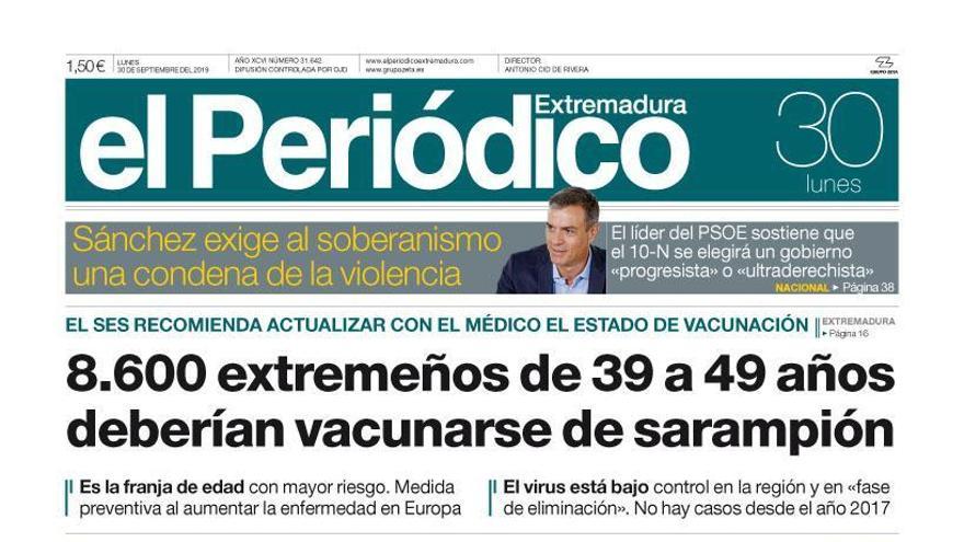 Esta es la portada de EL PERIÓDICO EXTREMADURA correspondiente al día 30 de septiembre del 2019