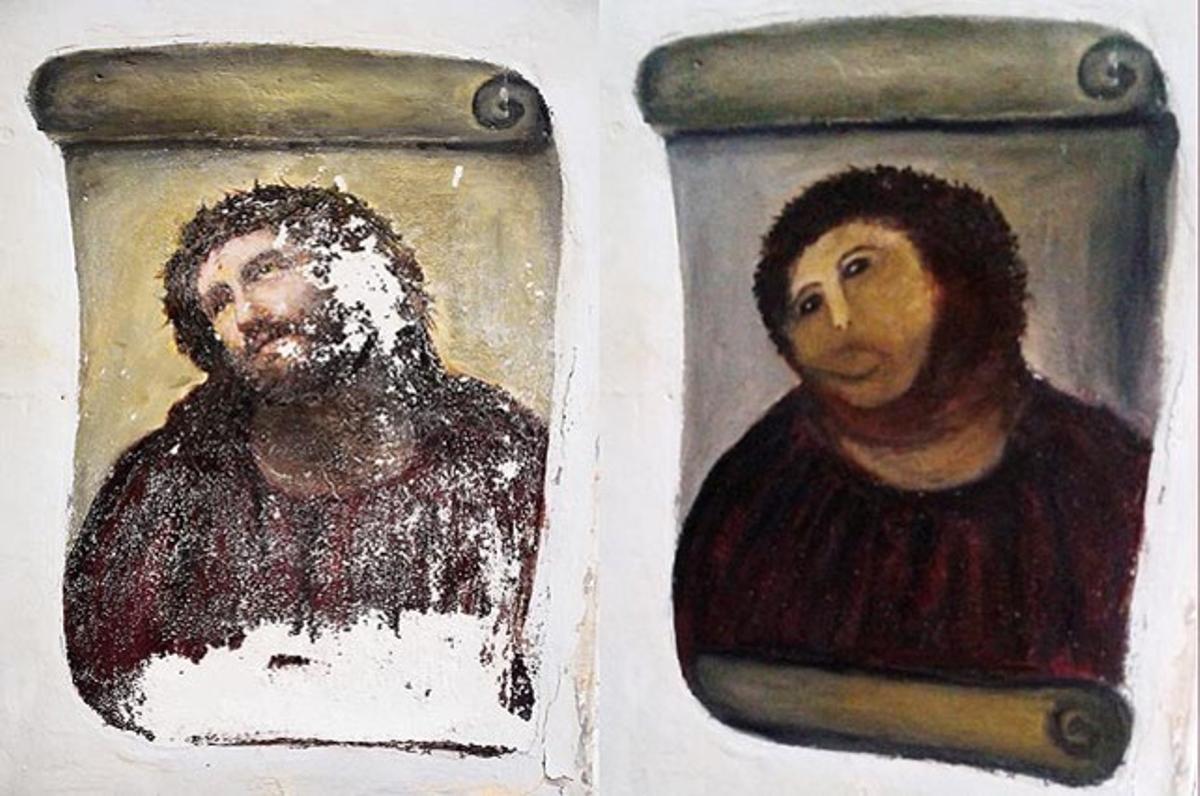 Aquest muntatge fotogràfic remès pel Centro de Estudios Borjanos mostra el fresc d’’Eccehomo’, abans i després de la restauració portada a terme per l’artista aficionada Cecilia Giménez. L’incident va ser ’trending topic’ a Twitter dimecres.