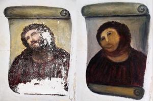 Aquest muntatge fotogràfic remès pel Centro de Estudios Borjanos mostra el fresc d’’Eccehomo’, abans i després de la restauració portada a terme per l’artista aficionada Cecilia Giménez. L’incident va ser ’trending topic’ a Twitter dimecres.