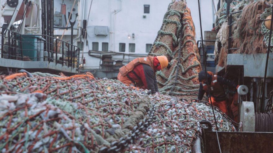 Maniobra de virada de aparejo, completada, a bordo de un buque de Russian Fishery. | // RF