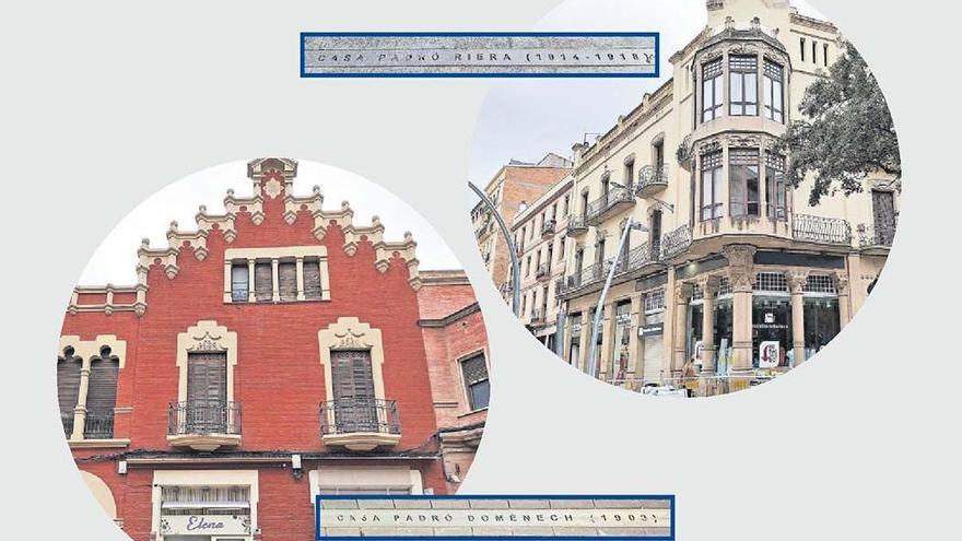 La casa Padró Riera i la casa Padró Domènech, amb els senyals al paviment que les identifiquen
