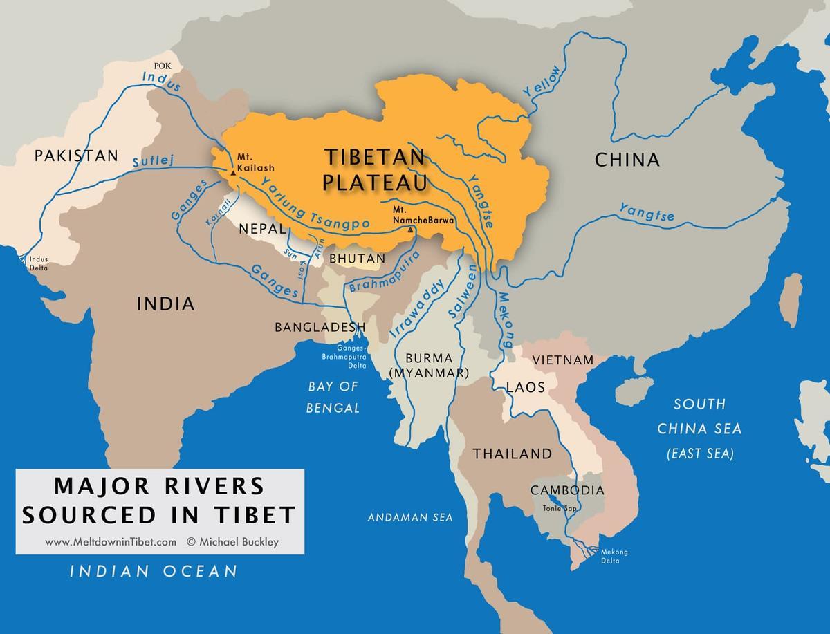 Mapa de la región del Tibet y los ríos a los que abastece