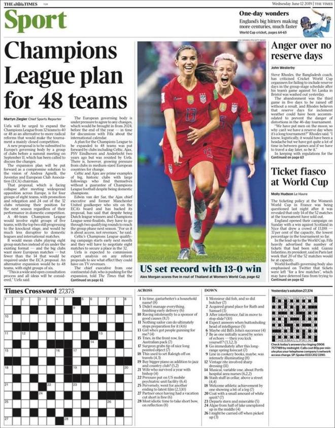 La portada de The Times Sport de este miércoles 12 de junio