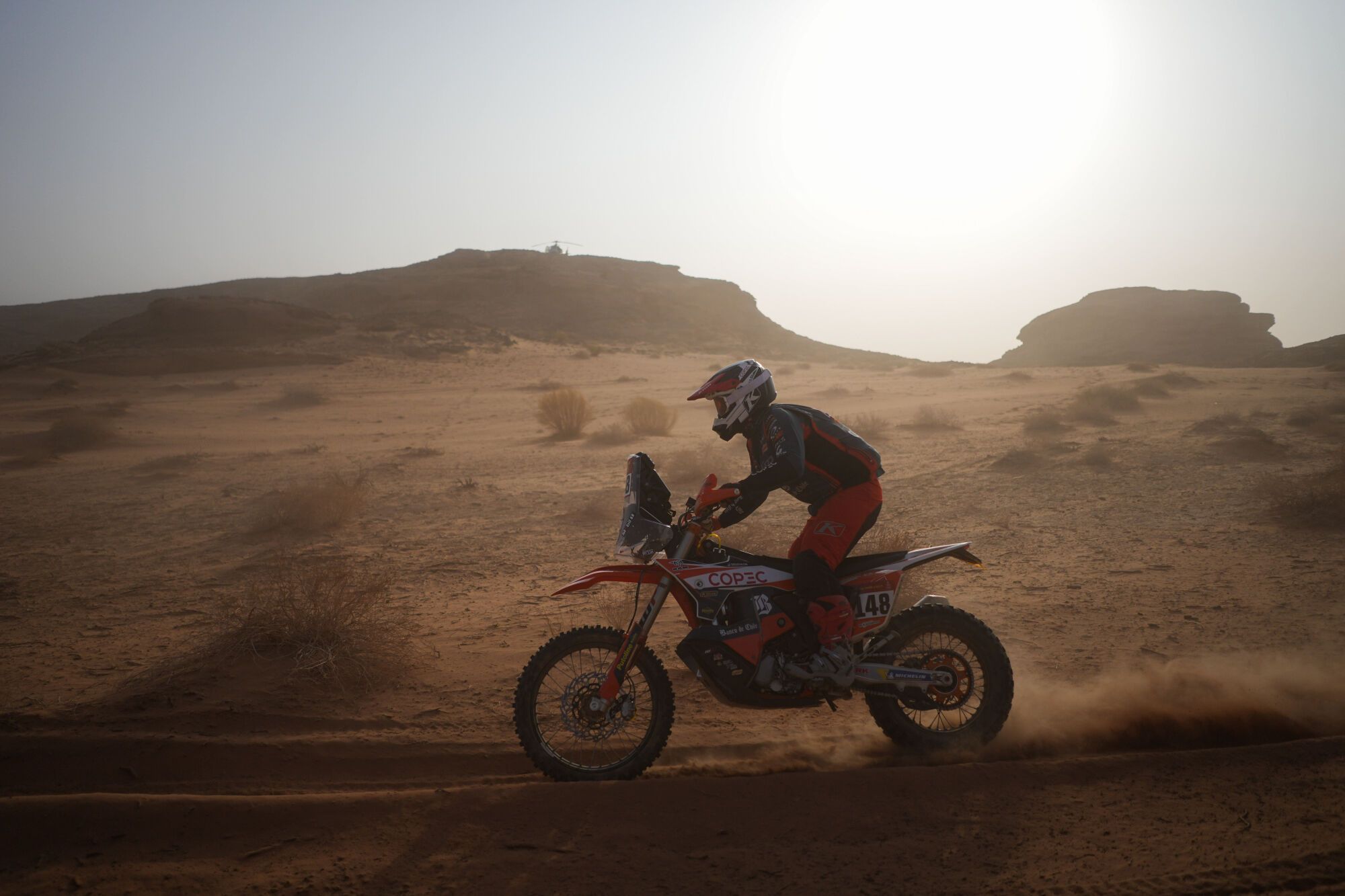 Rider Tomas De Gavardo competes during the third stage of the Dakar Rally with a start and finish in Alula, Saudi Arabia, Tuesday, Jan. 6, 2026. (AP Photo/Thibault Camus)
