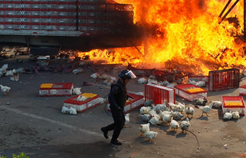 Un antidisturbios camina junto a un camión ardiendo que transportaba gallinas, tras las protestas en Oaxaca.