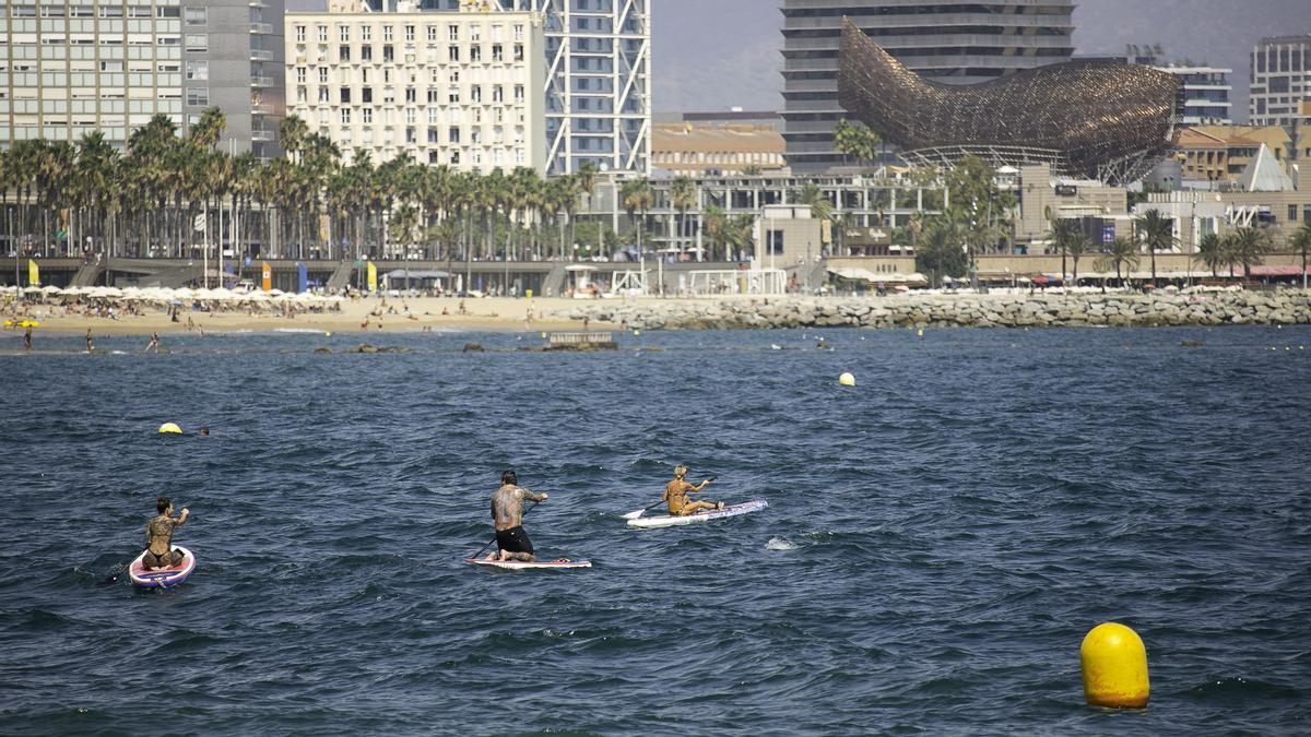 Practicantes de 'paddle surf' en la zona de protección balizada, con una boya amarilla, en la playa de la Barceloneta, las playas de Sant Sebastià y Sant Miquel.