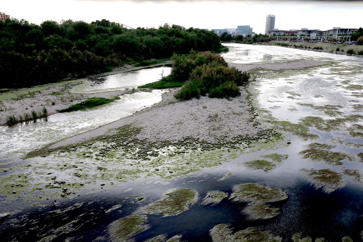 El río Ebro a su paso por Zaragoza este mes de mayo, donde se ve claramente la falta de agua.