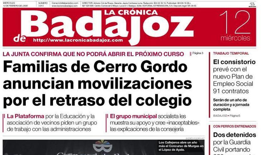 Esta es la portada de LA CRÓNICA DE BADAJOZ correspondiente al día 12 de febrero del 2020