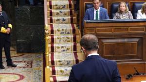 Madrid 26-09-2023 Alberto Nuñez Feijóo y Pedro Sanchez durante el primer pleno y debate de investidura del candidato Feijóo , en el Congreso de los Diputados . IMAGEN DAVID CASTRO