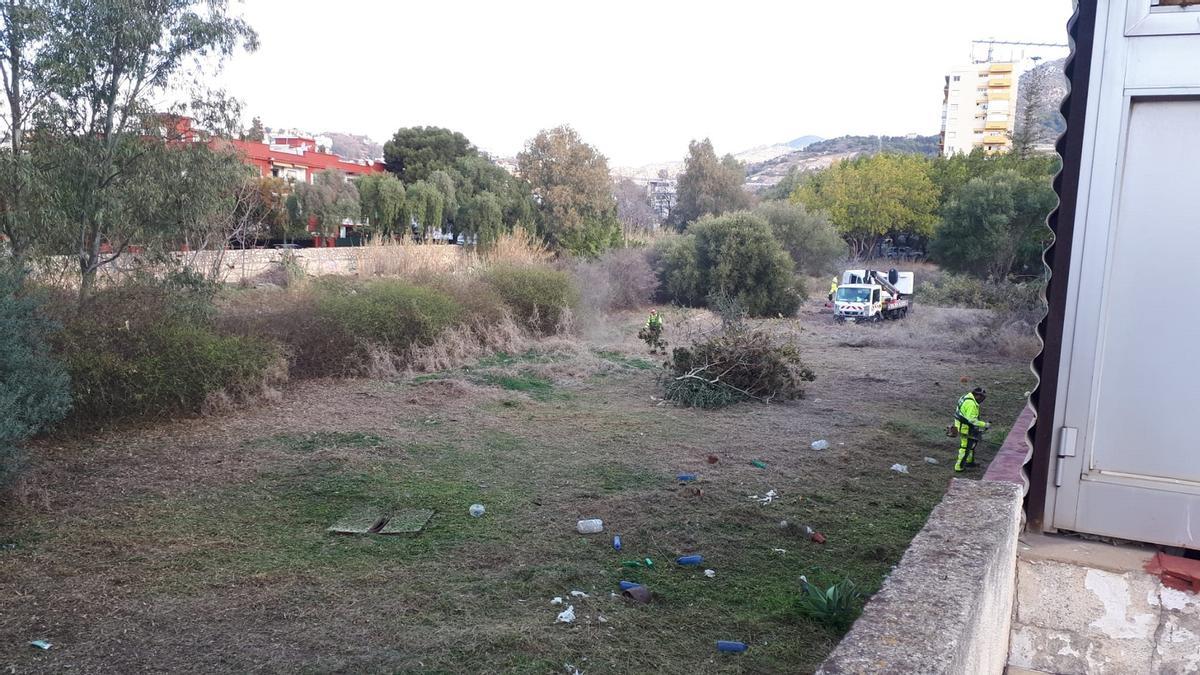 Trabajos de limpieza a primera hora de este lunes, en la parcela de Fomento junto al arroyo Jaboneros.