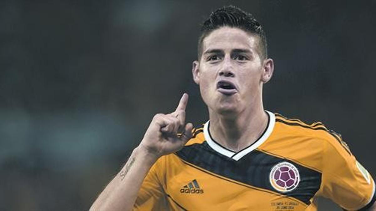 James Rodríguez celebra uno de sus goles ante Uruguay en el Mundial.