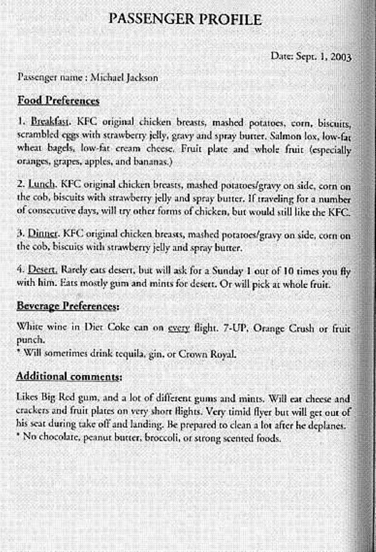 Documento donde se indican las preferencias de Michael Jackson.