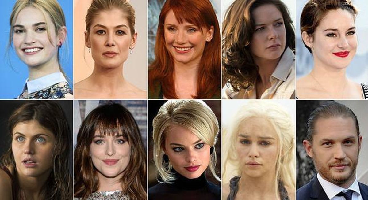 El ’top ten’ d’IMDB: de dalt a baix i d’esquerra a dreta, Lily James, Rosamund Pike, Bryce Dallas Howard, Rebecca Ferguson, Shailene Woodley, Alexandra Daddario, Dakota Johnson, Margot Robbie, Emilia Clarke i Tom Hardy.