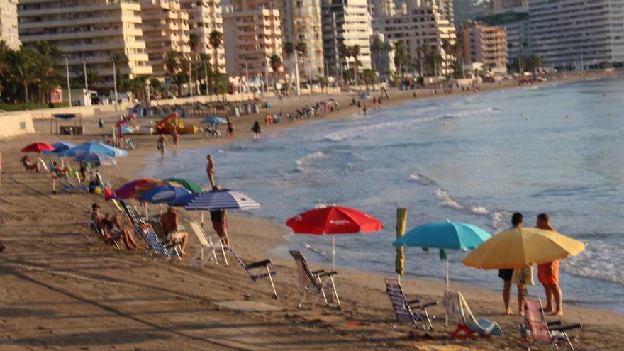 Imagen del pasado verano de la orilla de la playa del Arena-Bol ocupada al amanecer con sombrillas y hamacas.