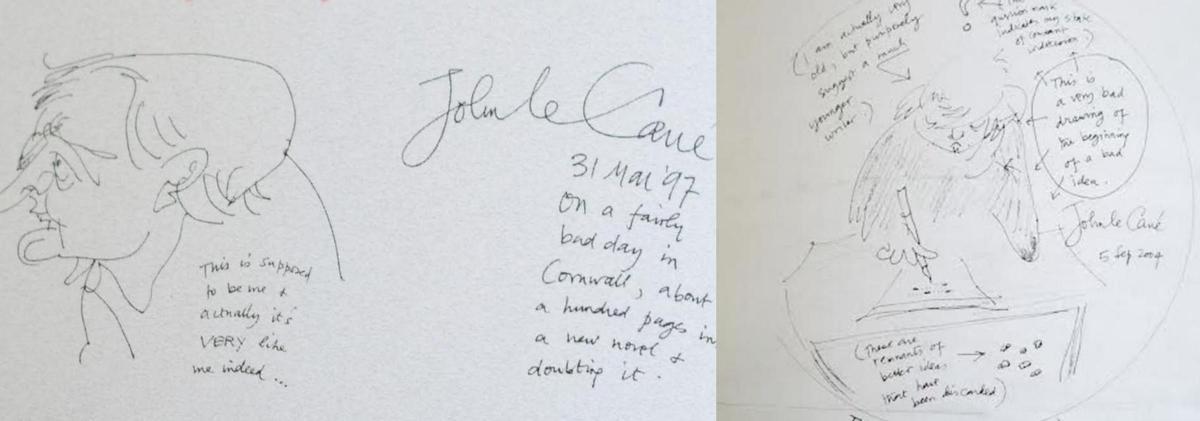 Autorretratos del propio Le Carré, quien de joven llegó a plantearse dedicarse a la ilustración, y mantuvo la costumbre de ilustrar sus cartas.