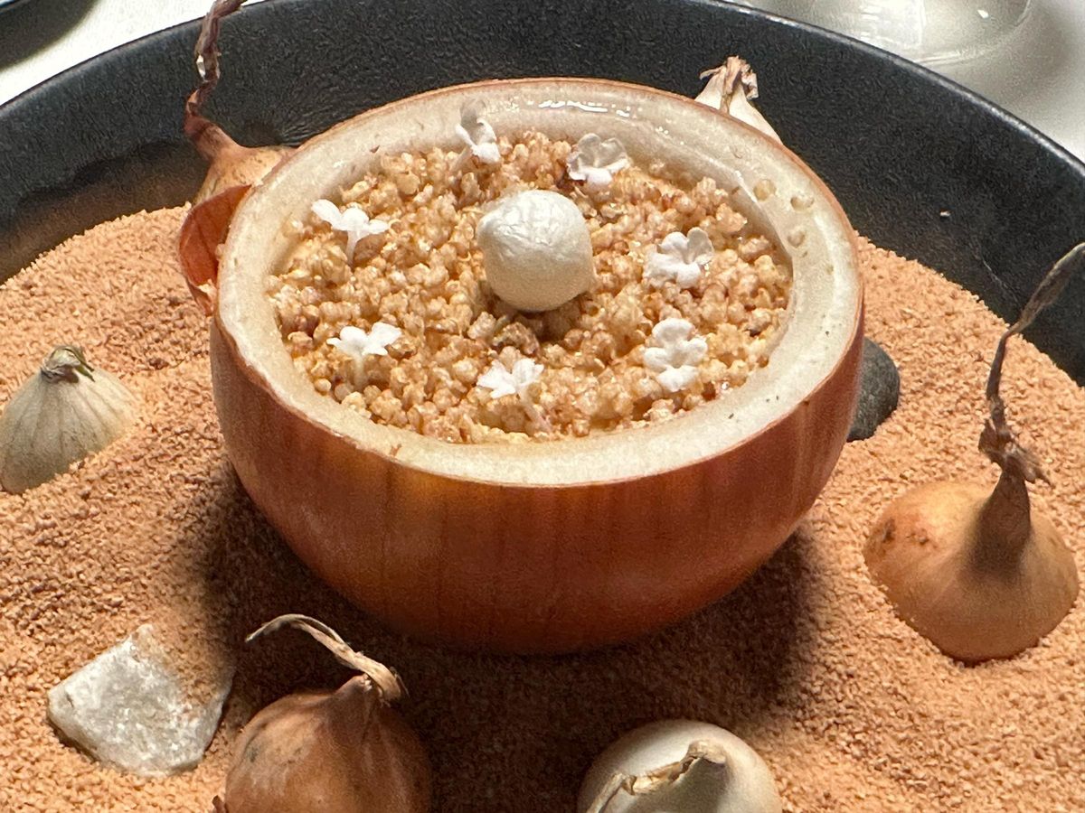 Cebolla con su espuma, paté de ave, perla de tapioca y cebolla.