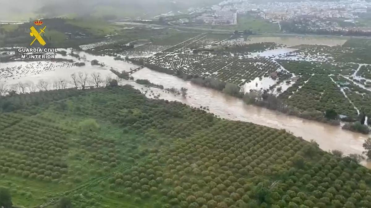 Vista área del desbordamiento del río Guadalhorce a su paso por Álora y Cártama