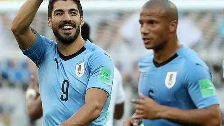 Luis Suárez celebra su gol a Arabia Saudí.