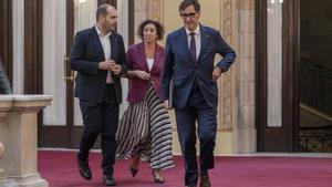 El president Salvador Illa, y los consellers Albert Dalmau y Alícia Romero.