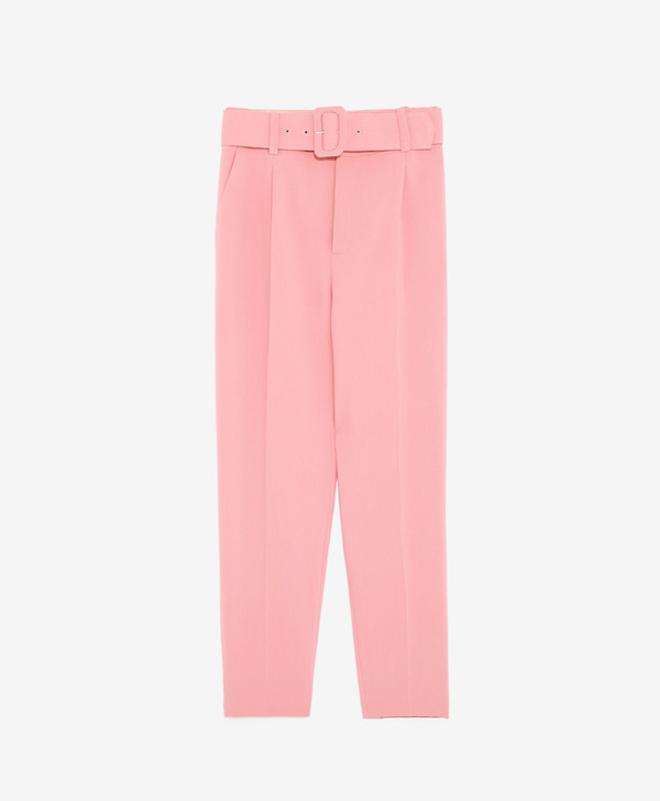 Pantalon ancho rosa con cinturón, Zara