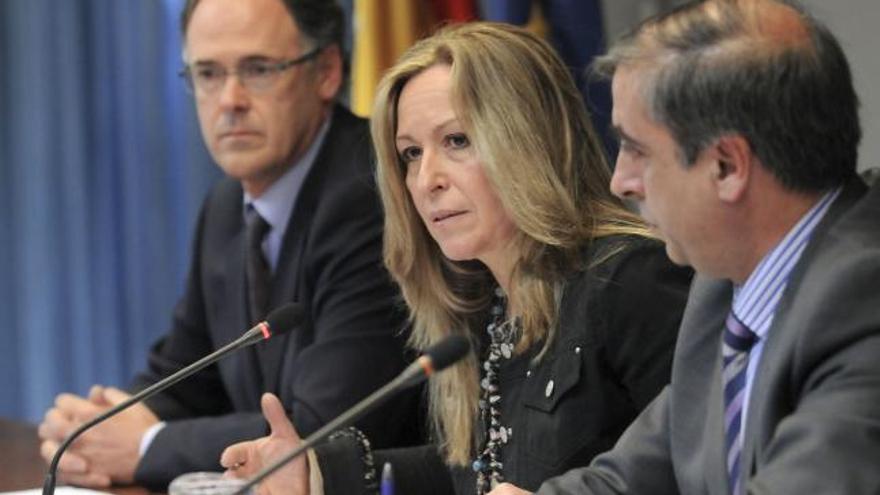 La ministra de Sanidad y Política Social, Trinidad Jiménez, acompañada de los secretarios generales de Salud Pública, Ildefonso Hernández (i), y Sanidad, José Martínez Olmos, durante la rueda de prensa que ofreció hoy en Madrid para informar de que el Ministerio de Sanidad ha detectado tres casos sospechosos de gripe porcina en España en personas que han regresado de México en los últimos días. EFE/Kiko Huesca