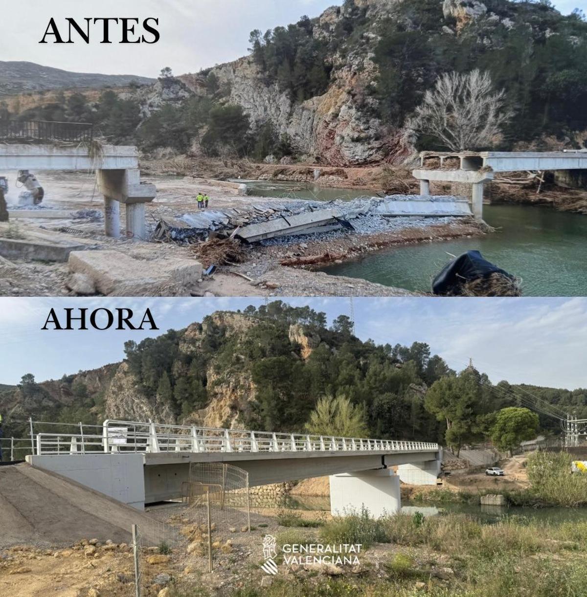 Comparativa del estado del puente tras la dana y en la actualidad tras los trabajos de reconstrucción.