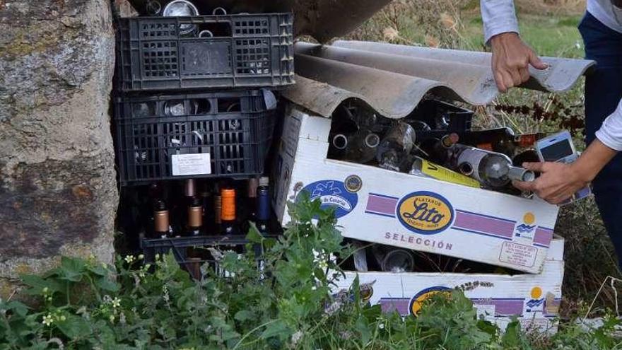 Botellas acumuladas en una finca de Villardeciervos.