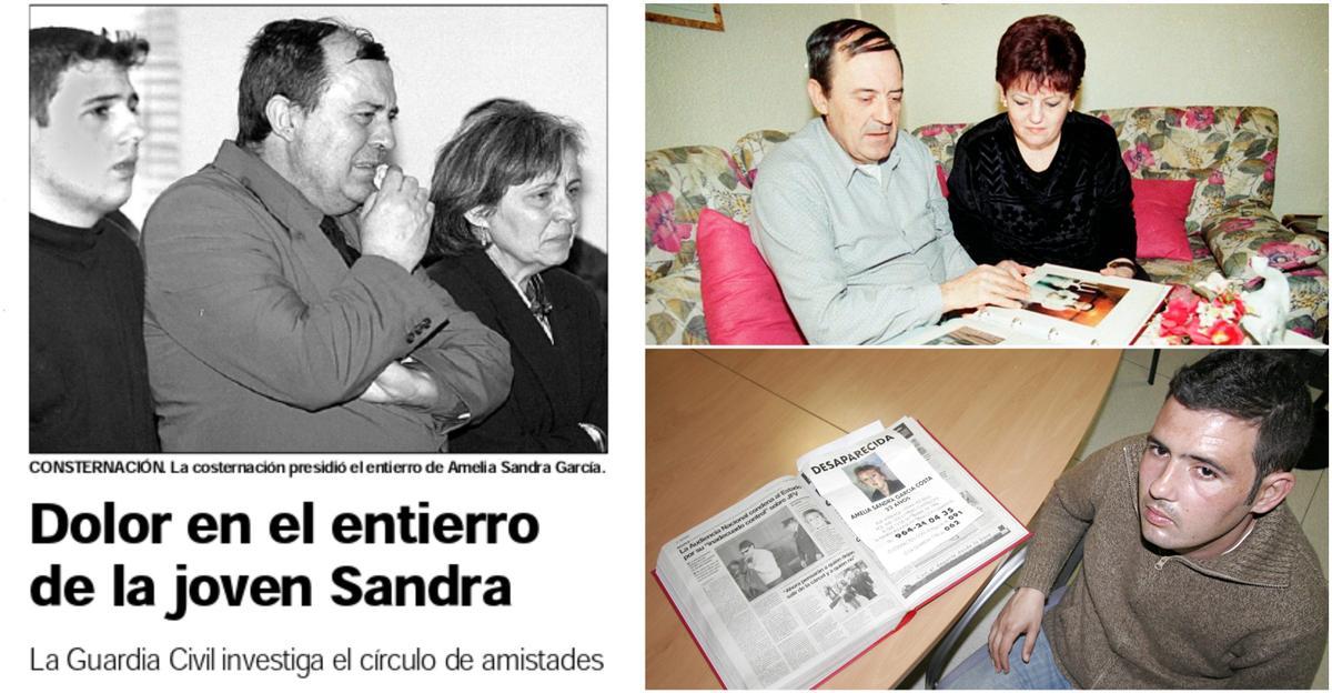 La noticia del entierro de Sandra. A la derecha, los padres de la víctima, Jaime y Josefa, abajo, un joven Jaime García en 'Mediterráneo'