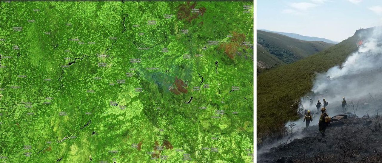 Vista de satélite de los 4 macroincendios de la última semana y media en Galicia. A la derecha, la BRIF de Laza en el parque natural de O Invernadeiro.