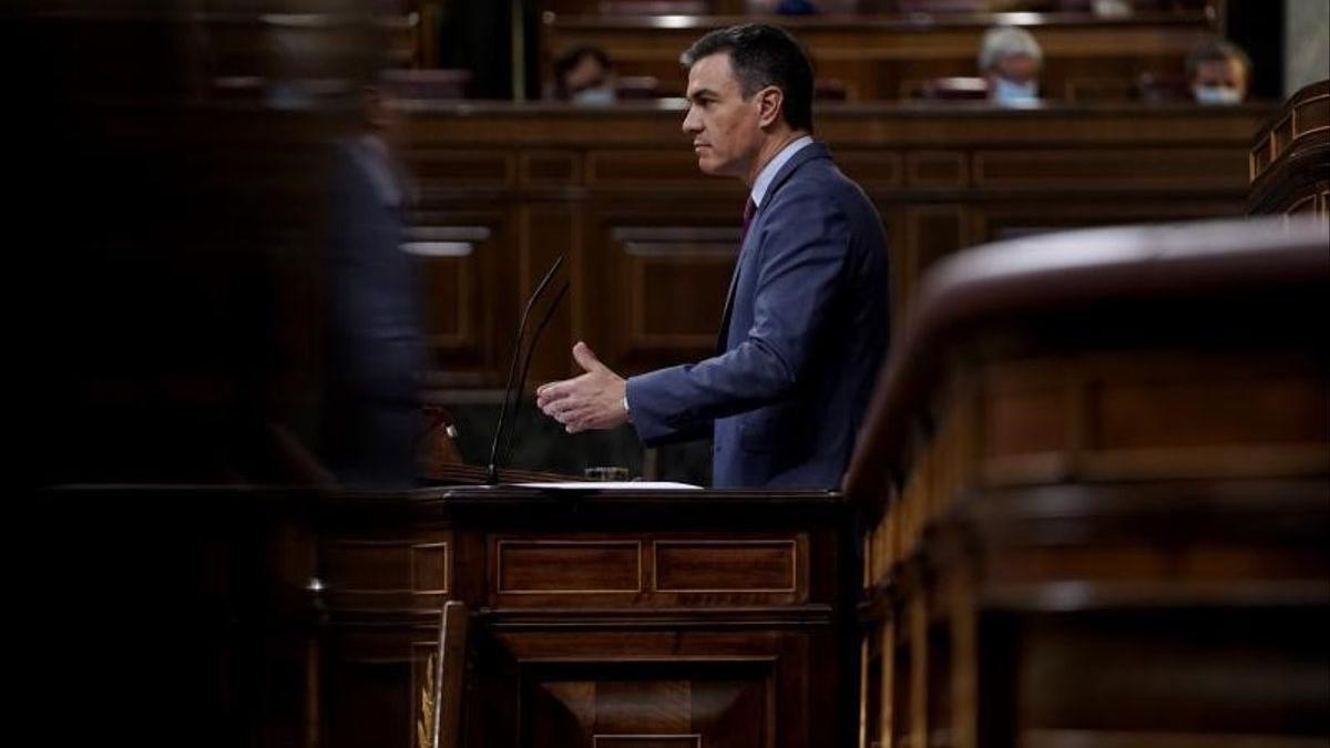 El presidente del Gobierno, Pedro Sánchez, durante su comparecencia en el pleno del Congreso para informar sobre la situación en Ucrania, este 2 de marzo de 2022.