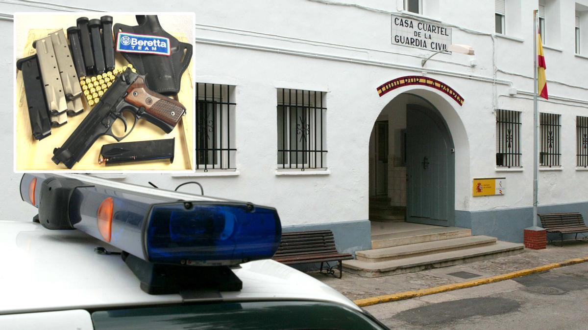 Sobre estas líneas, el cuartel de la Guardia Civil de la Vall d’Uixó, junto a una imagen de archivo de una pistola Beretta con cargadores extendidos.