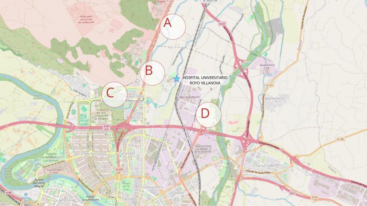 Plano de las cuatro ubicaciones posibles para el futuro hospital Royo Villanova.