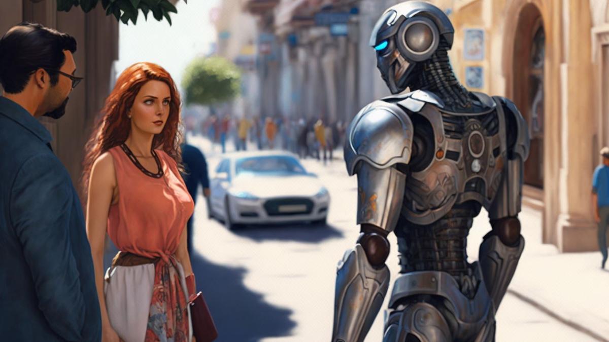 Ein Paar spricht mit einem Roboter auf einer Straße in einer mediterranen Stadt, mit Midjourney generiert.