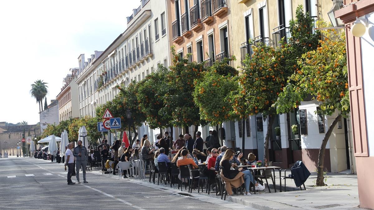 Naranjos en un tramo de bares y veladores en el Paseo de la Ribera.jpg