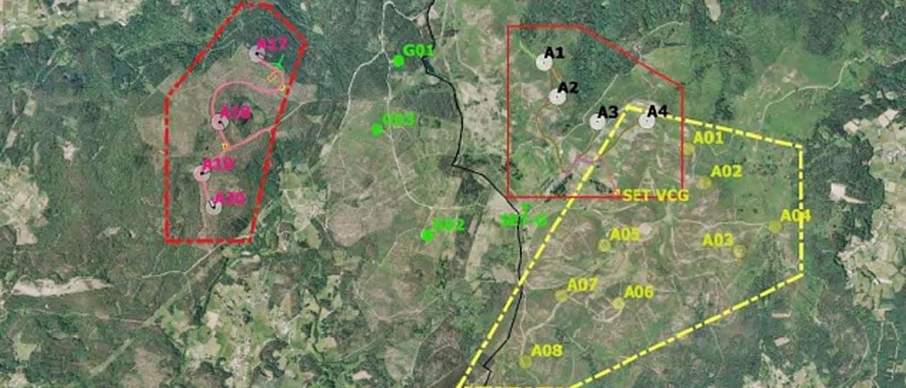 En la parte central, los eólicos ya existentes en A Somoza. Enmarcados, los tres nuevos parques proyectados en la zona.