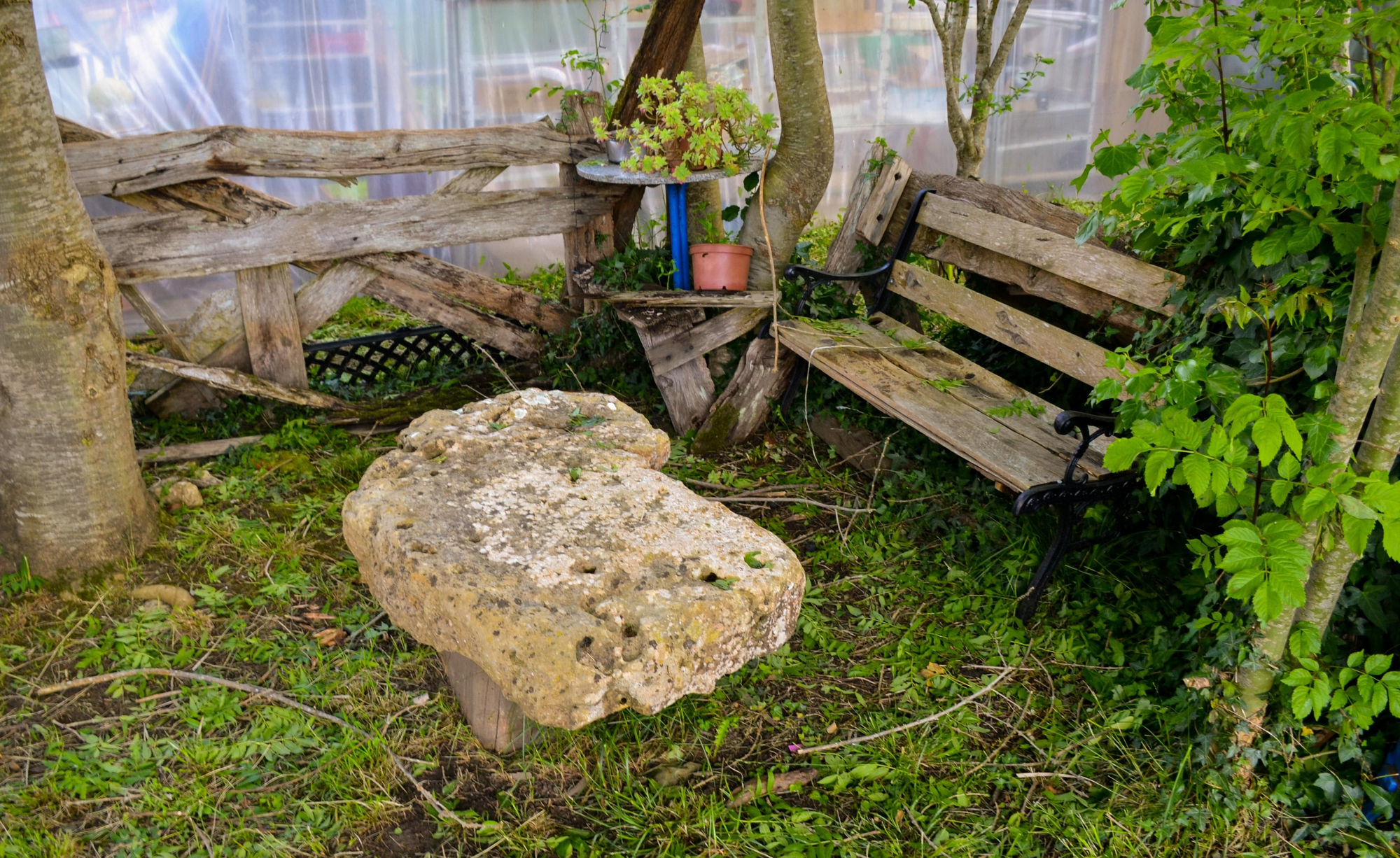 Un rincón para el descanso de Dolores y Fernando en su finca de Pruneda (Nava), en su huerta.