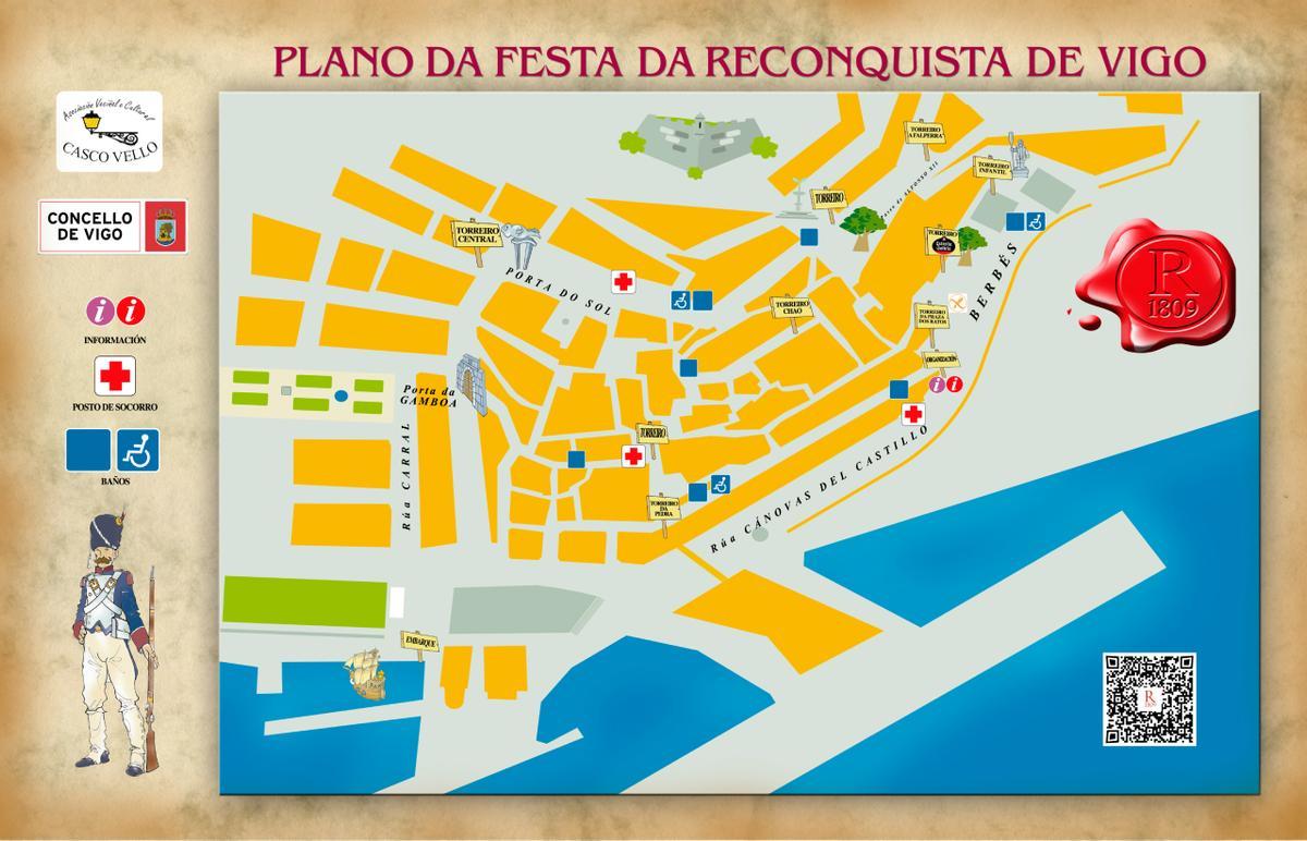Mapa completo de la Fiesta de la Reconquista de Vigo 2025.