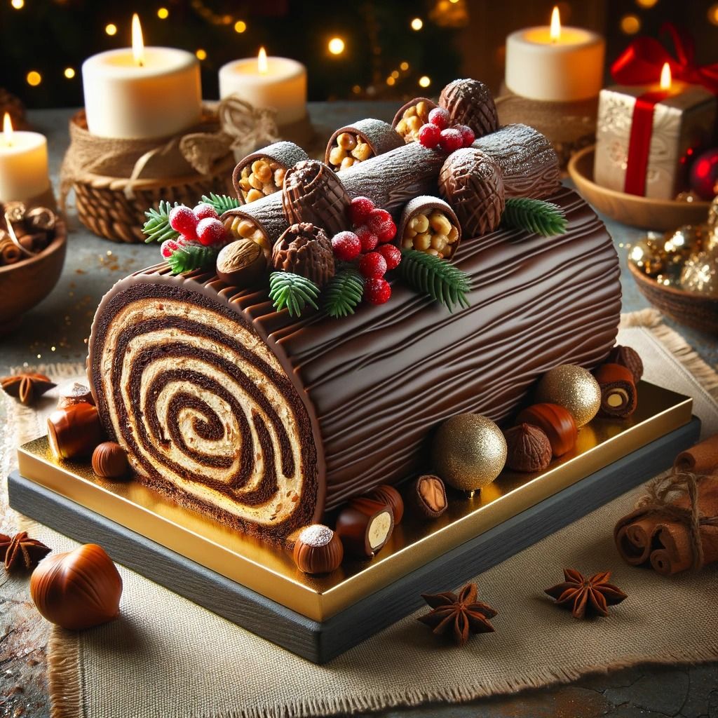 Tronco de Navidad de chocolate y avellanas.