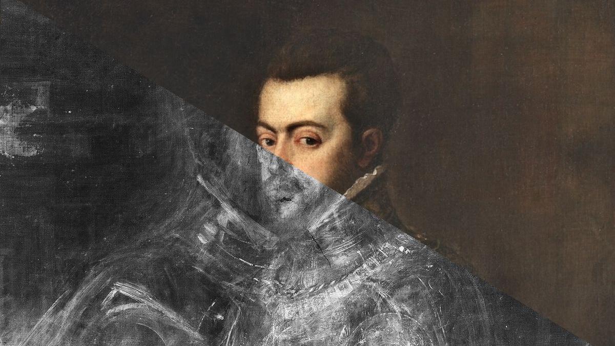 Fotomontaje del cuadro de ’Felipe II’ (1551) de Tiziano con la radiografía que desveló que estaba pintado en un lienzo con el retrato de su padre, Carlos V.