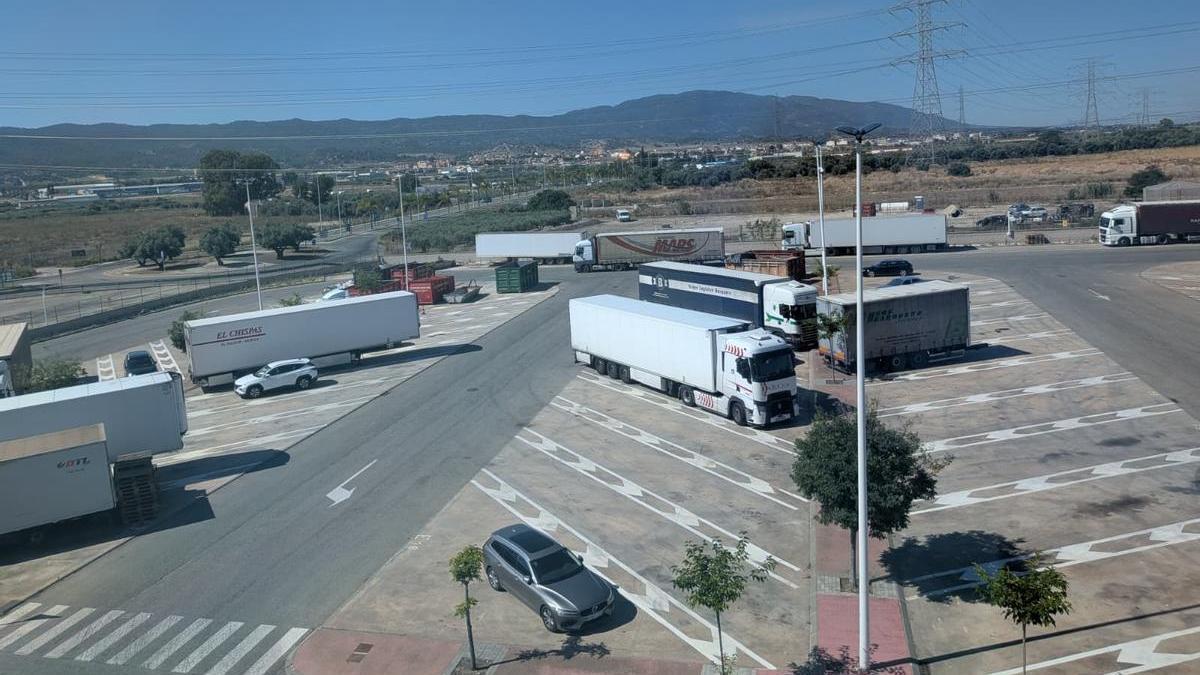Camiones estacionados en la Ciudad del Transporte de Murcia, este martes.