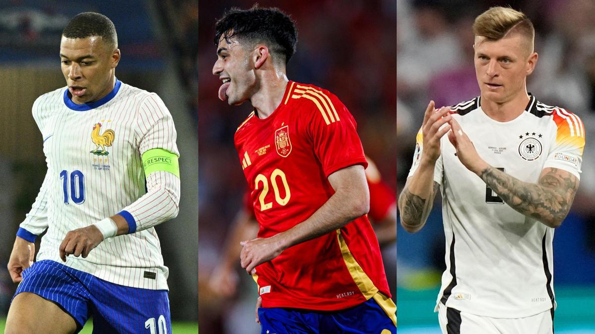 Mbappé, con la camiseta de Francia; Pedri, con la camiseta de España; y Kroos, con la camiseta de Alemania.