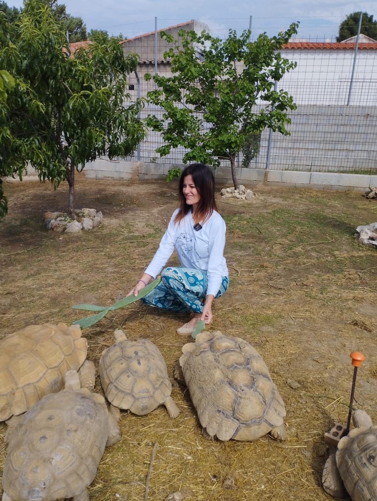 Cristina Seguí dándole de comer a las tortugas.