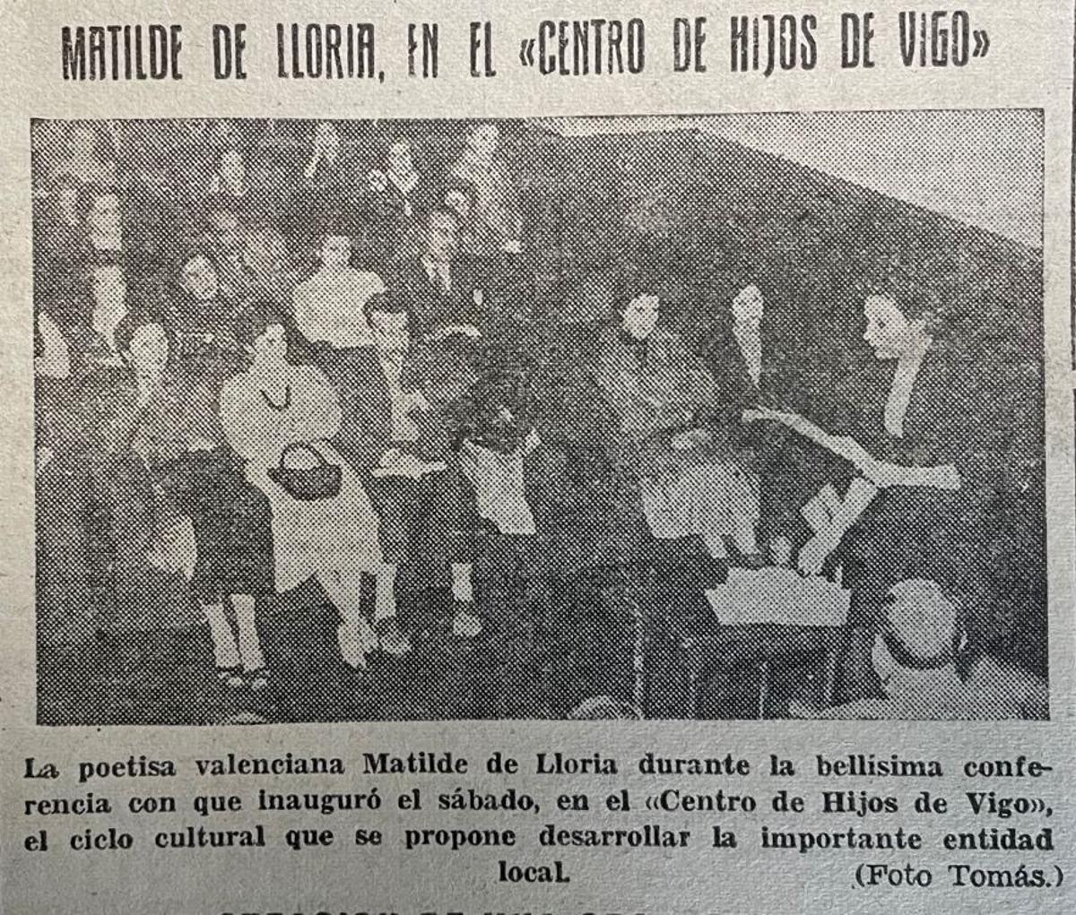 Referencia en FARO, en 1955, sobre unha intervención de Matilde Lloria e a súa fotografía.