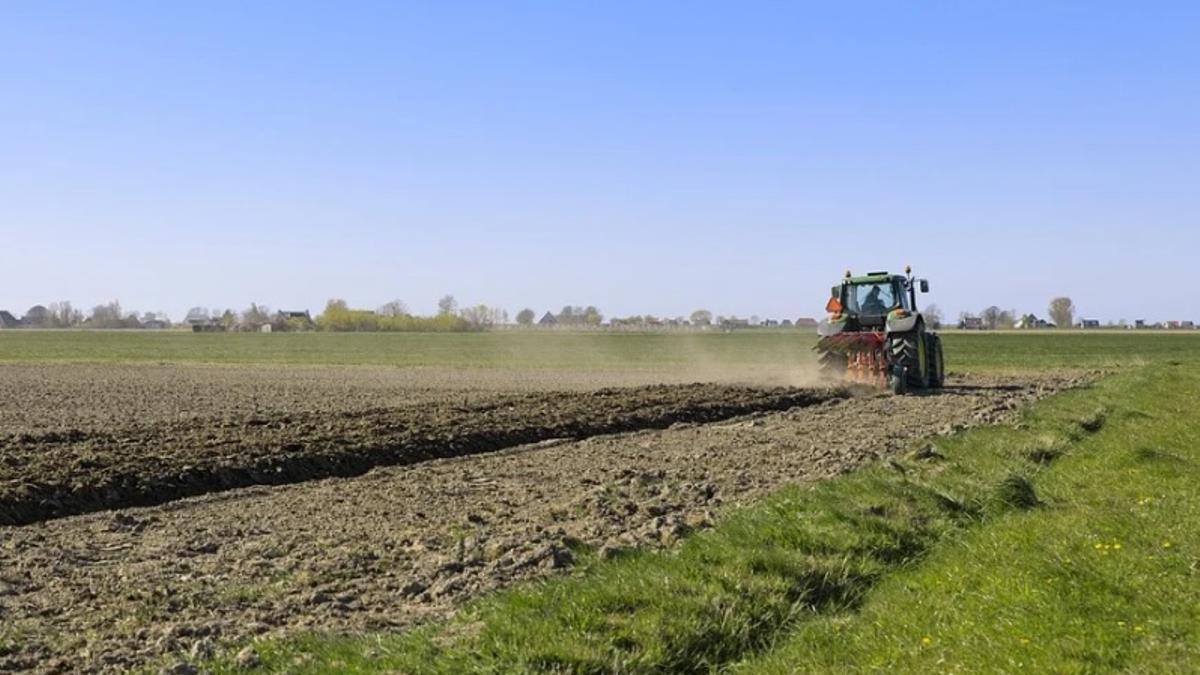 Un tractor realiza labores de arado en un terreno agrícola.