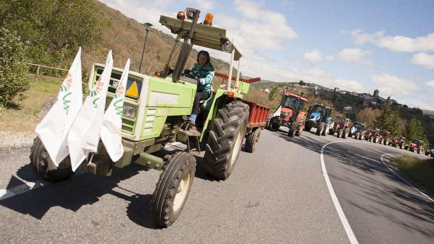 Una fila de tractores recorrió la OU-533 en protesta por las pérdidas sufridas. // Brais Lorenzo