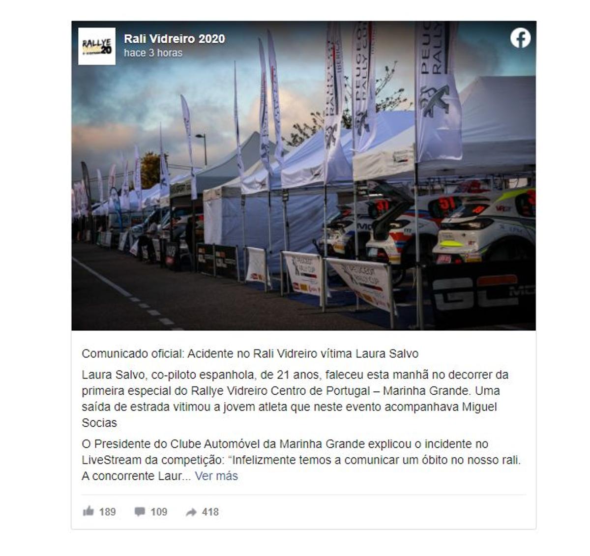 Mensaje de confirmación del fallecimiento de la copiloto Laura Salvo de la organización del Rally Vidreiro