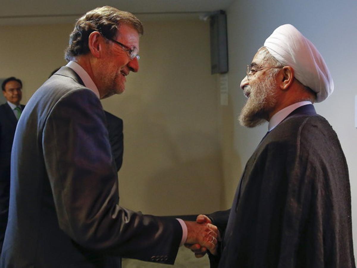 Mariano Rajoy saluda el president de l’Iran, Hassan Rohani, aquesta matinada a Nova York.